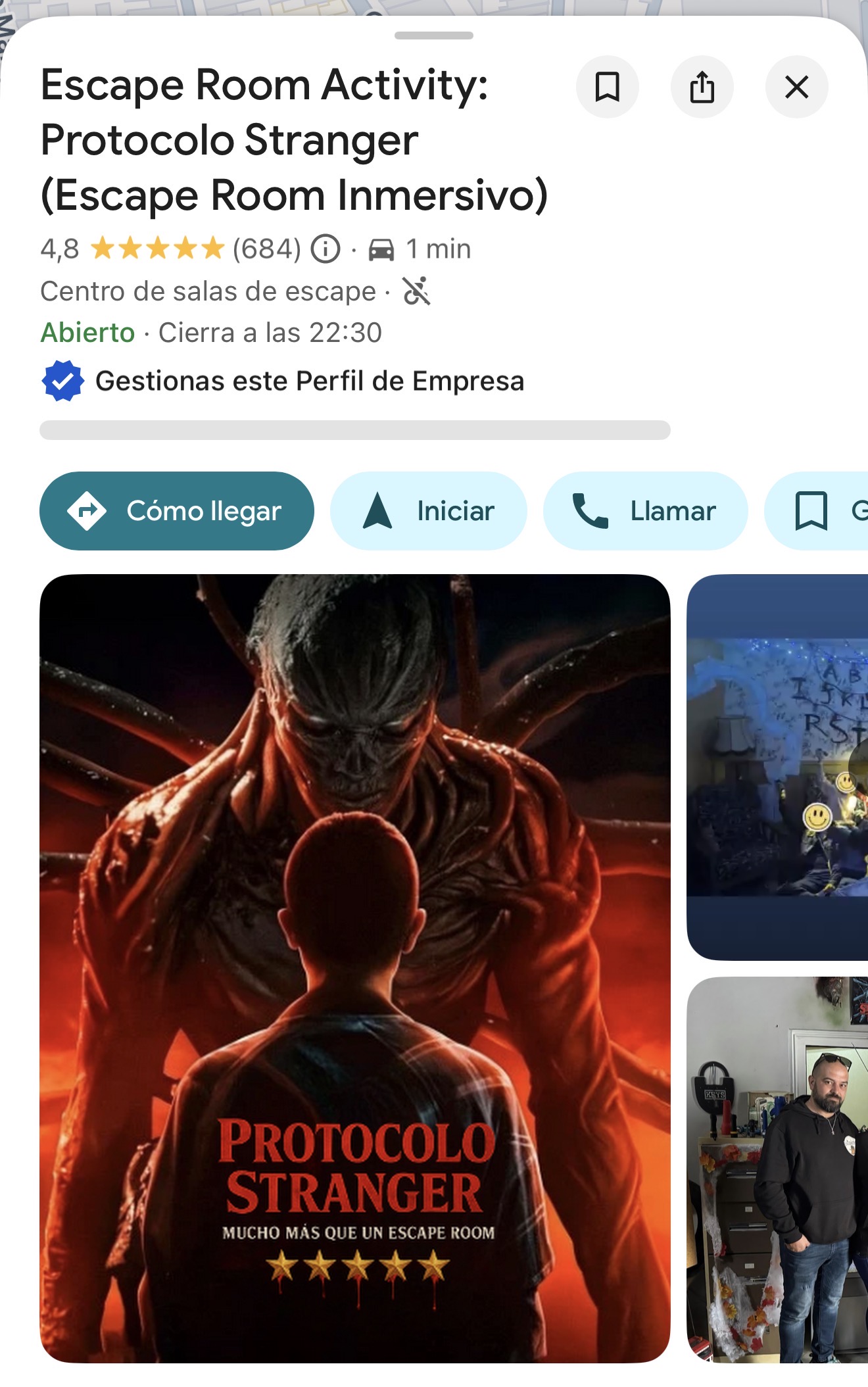 Perfil de Google del Escape Room Activity Protocolo Stranger con reseñas
