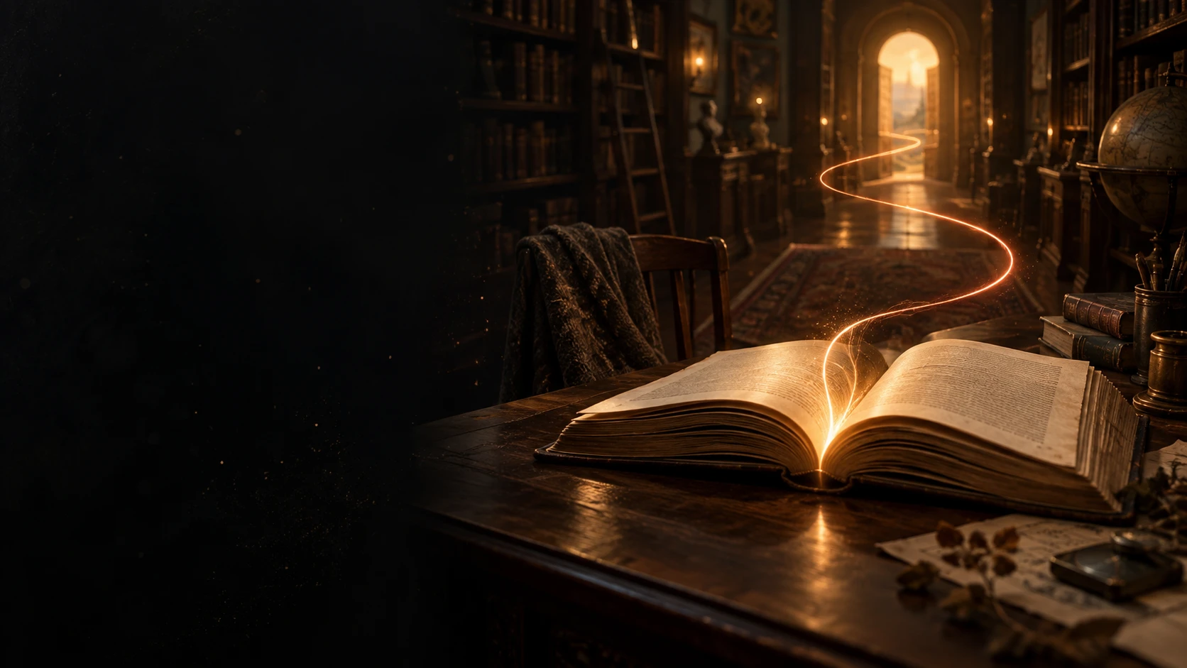 Un libro abierto al comienzo de un camino de luz