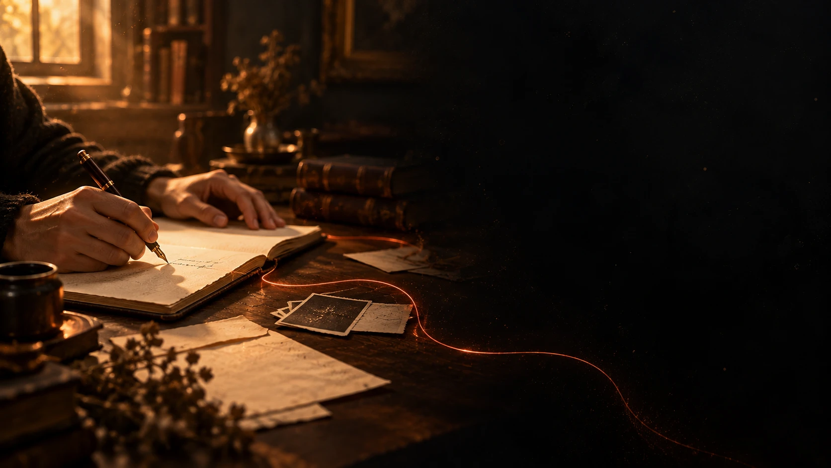 Manos escribiendo en un cuaderno iluminado por una luz cálida